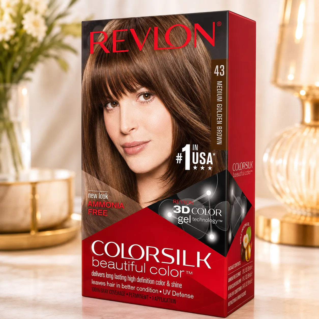 Revlon ColorSilk hair color box, shade 43 medium brown, dark red package