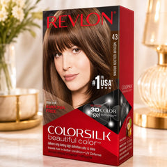 Revlon ColorSilk hair color box, shade 43 medium brown, dark red package