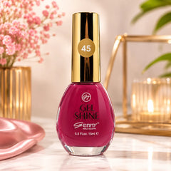 Magenta gel shine nail polish bottle, gold cap, 45 label, glossy finish