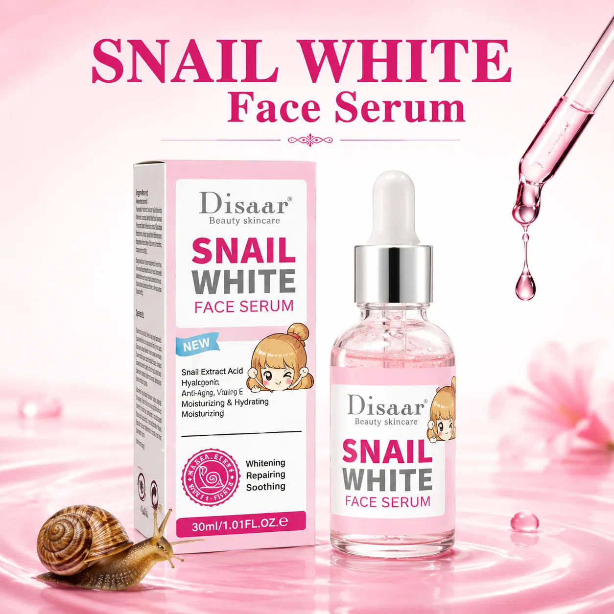 Snail White face serum bottle with dropper and retail box