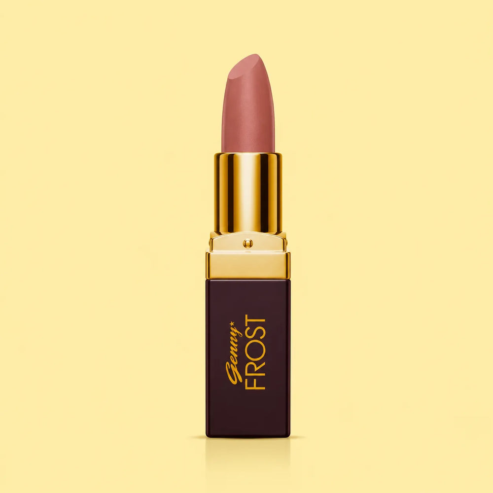 Close-up of mauve-rose lipstick with gold cap and dark square tube