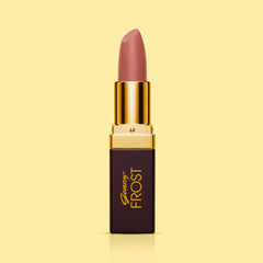 Close-up of mauve-rose lipstick with gold cap and dark square tube