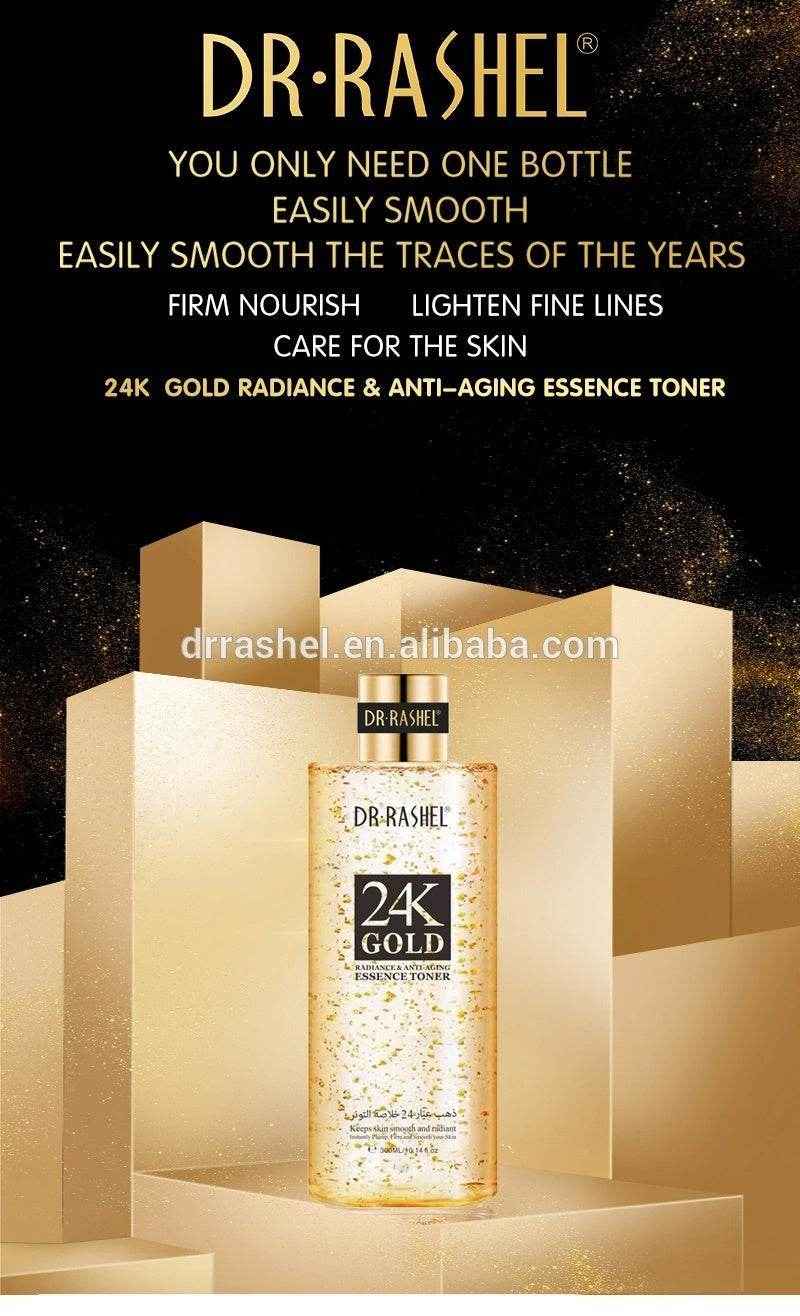 Dr Rashel 24K Gold essence toner bottle on display, gold-speckled liquid