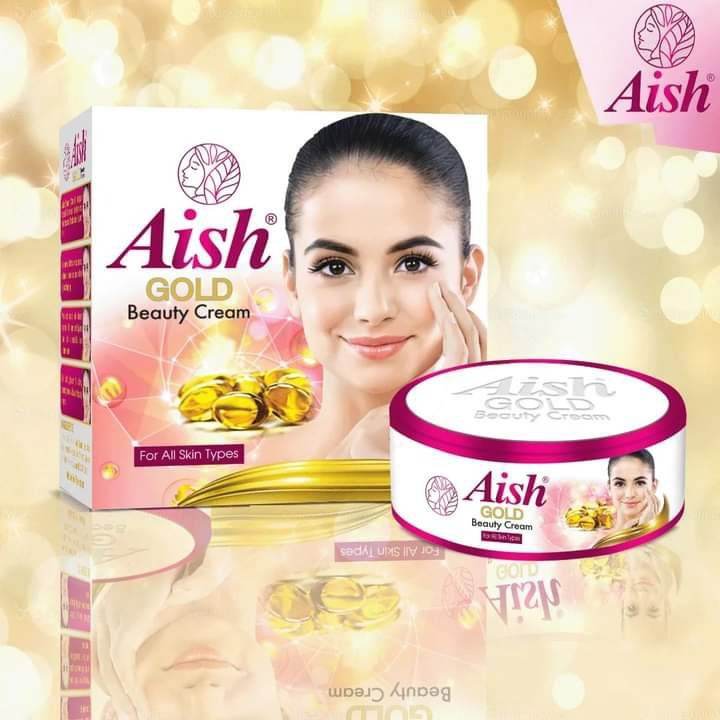 Gold beauty cream box and cream jar with pink lid, for all skin types.