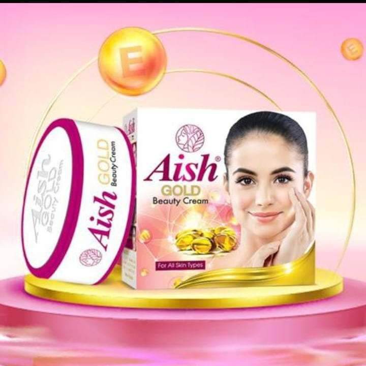 Gold beauty cream jar and box on circular gold base, for all skin types.
