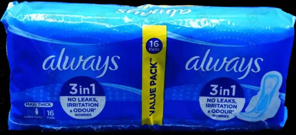Always maxi thick extra long 16 pads, blue pack with 3-in-1 no-leaks badge