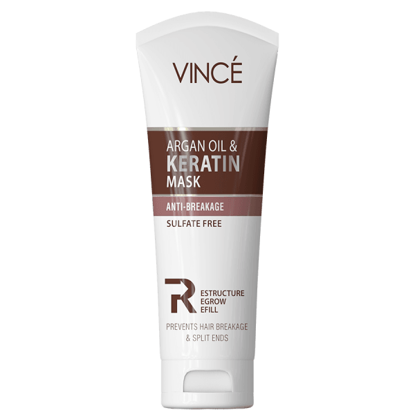 Argan oil and keratin hair mask tube, front view white bottle with brown stripe.