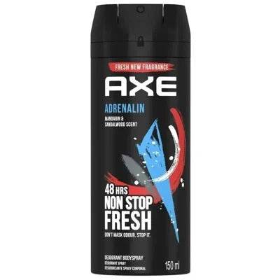 Black deodorant body spray bottle, 150 ml, front label facing camera