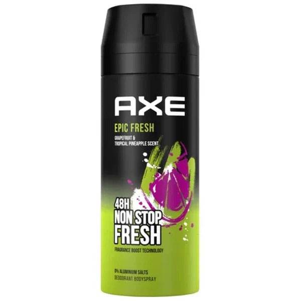 AXE body spray container with black cap, green bottle, and purple splash front design.