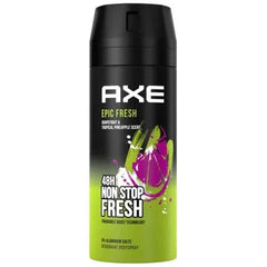 AXE body spray container with black cap, green bottle, and purple splash front design.
