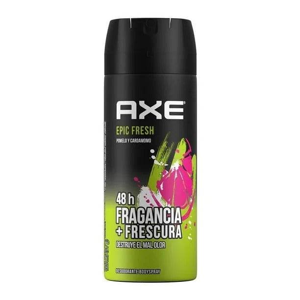 AXE body spray canister with black cap, green base, and front label artwork.