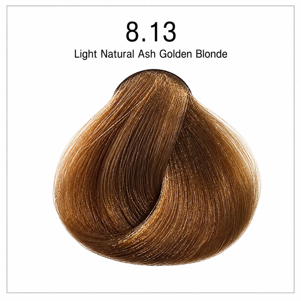Hair color shade swatch 8.13 Light Natural Ash Golden Blonde, warm golden brown blonde
