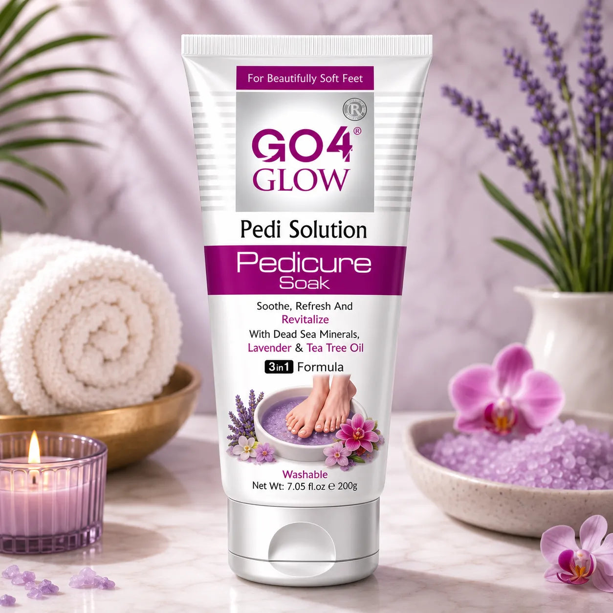 Go4Glow pedicure soak tube with lavender graphics, 200g, washable