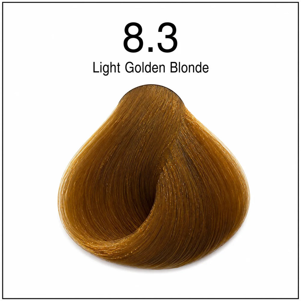 Hair color shade swatch 8.3 Light Golden Blonde, light golden brown blonde