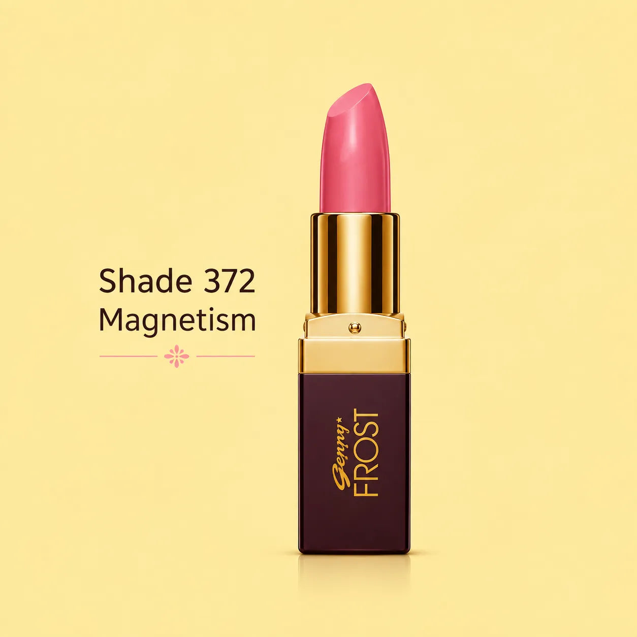 Lipstick shade 372 Magnetism in pink, gold tube with capped bullet and Frost label