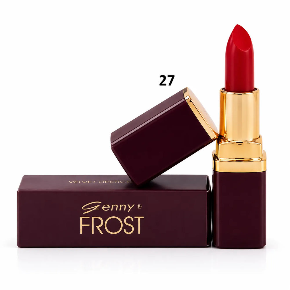 Red lipstick with gold cap and Frost box, shade 27 Beauty Hills