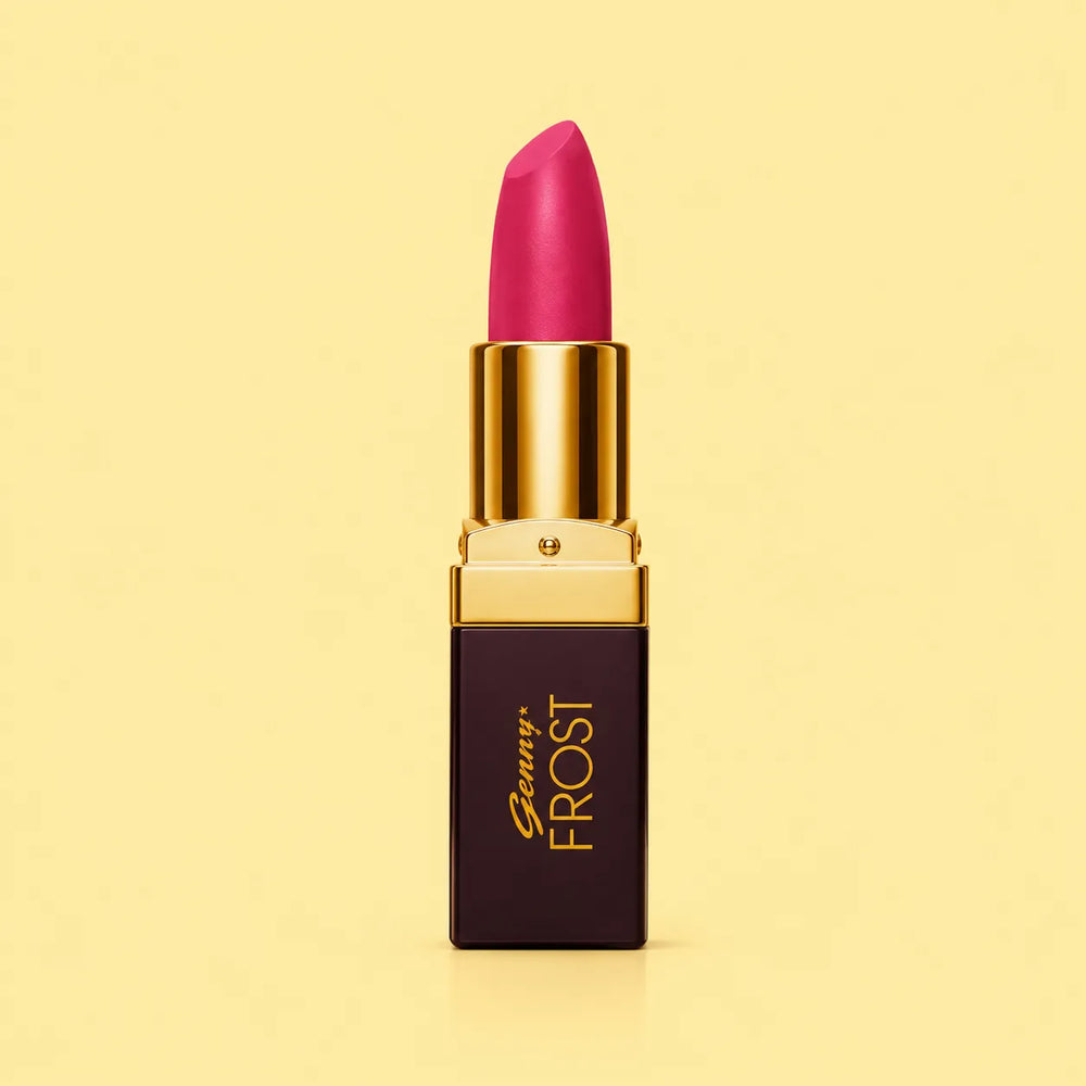 Magenta lipstick with gold cap and dark Beauty Frost label on tube