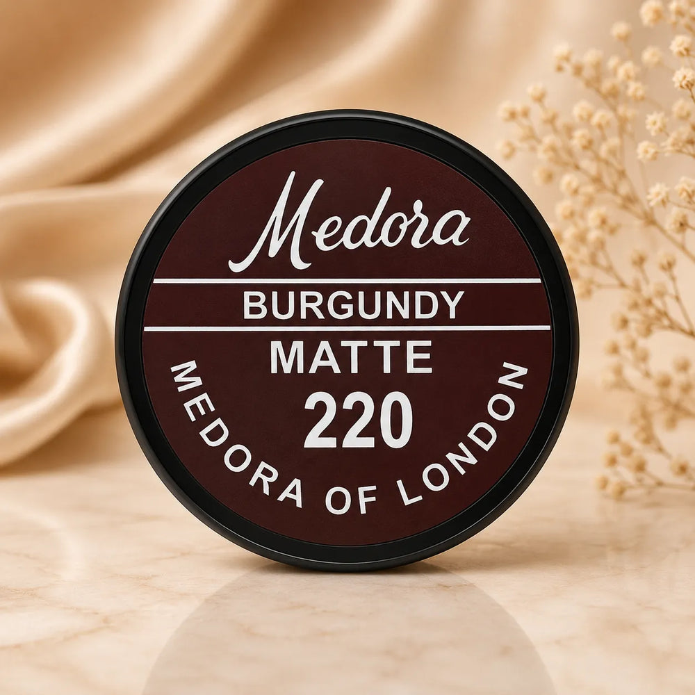 Medora Burgundy matte 220 container, round dark burgundy label with black rim