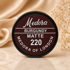 Medora Burgundy matte 220 container, round dark burgundy label with black rim