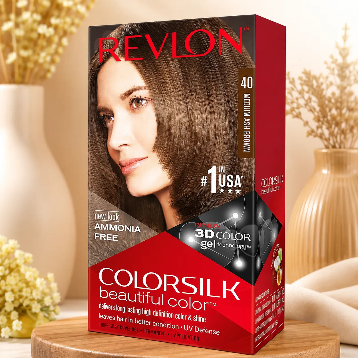 Revlon ColorSilk hair dye kit box with model portrait and 3D Color Technology