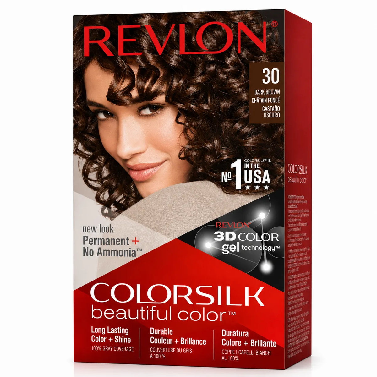 Revlon ColorSilk 30 Dark Brown permanent hair color box with 3D Color gel