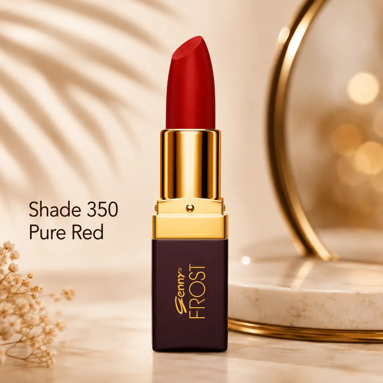 Genny lipstick shade 350 Pure Red, red bullet with gold-ring case.