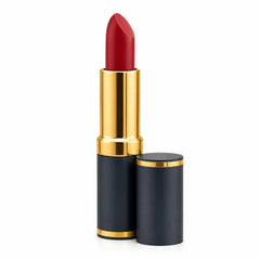 Burgundy matte lipstick in a gold tube with black cap and base container