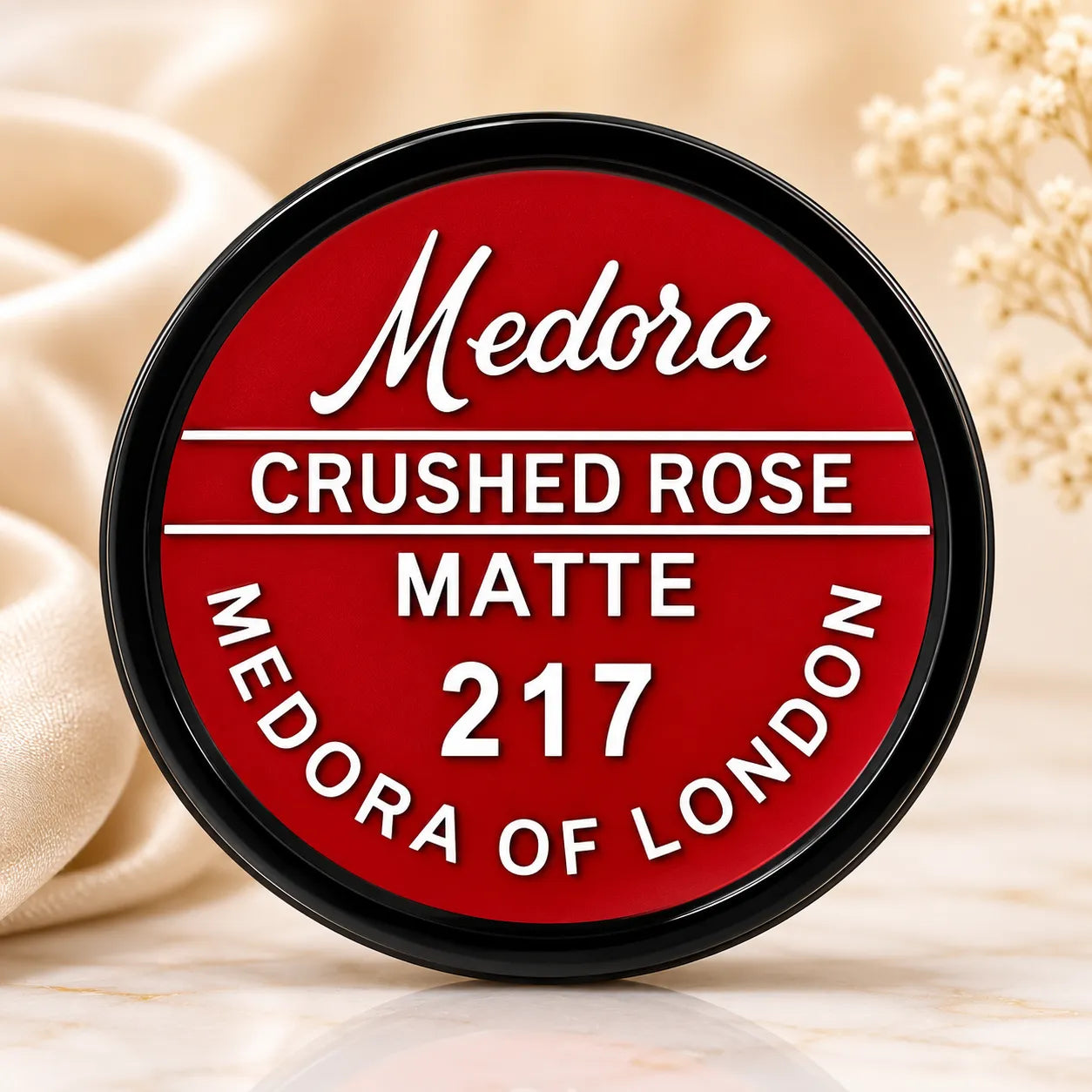 Medora matte lipstick tin, Crushed Rose 217 label