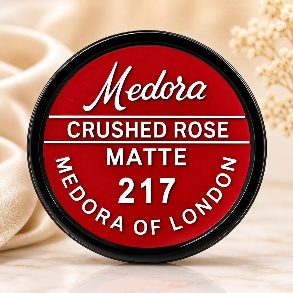 Medora matte lipstick tin, Crushed Rose 217 label