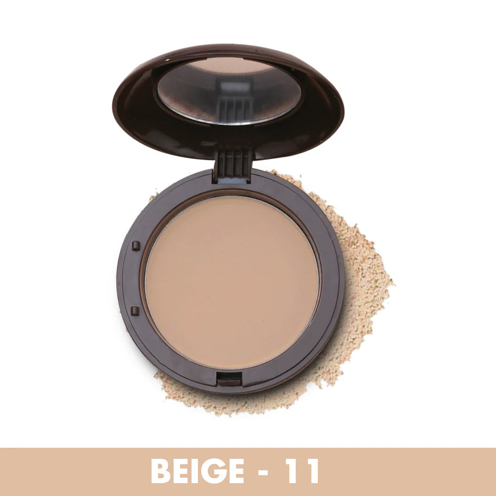 Pressed face powder compact with mirror lid, beige shade 11, with powder puff