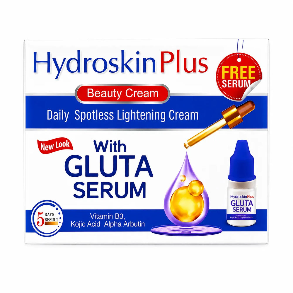 HydroskinPlus beauty cream box with free Gluta serum, daily spotless lightening