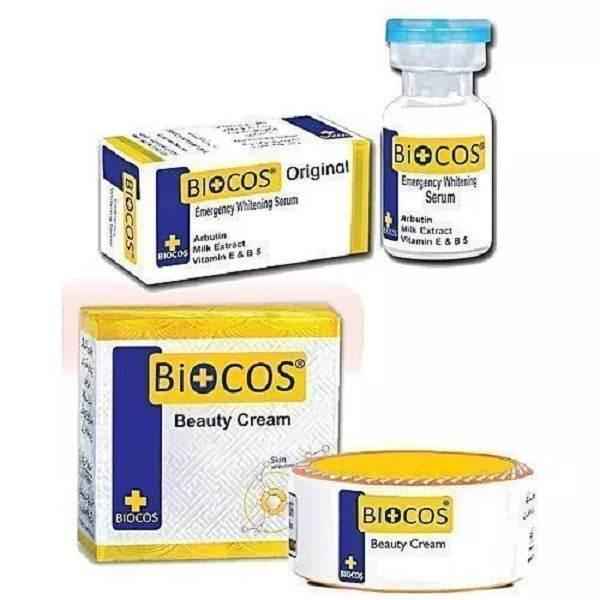 Biocos beauty cream box and jar with emergency whitening serum bottle