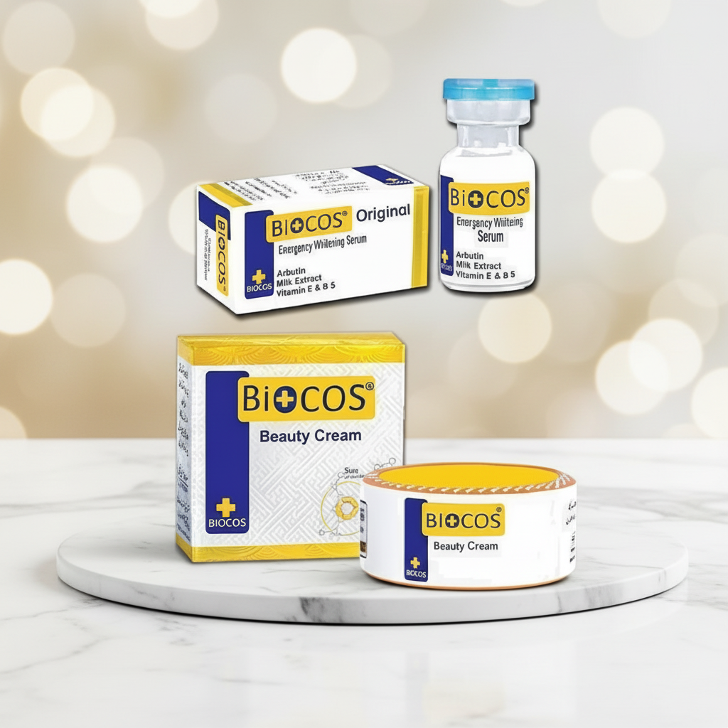 Biocos beauty cream jar with cream box and energy whitening serum bottle with carton.