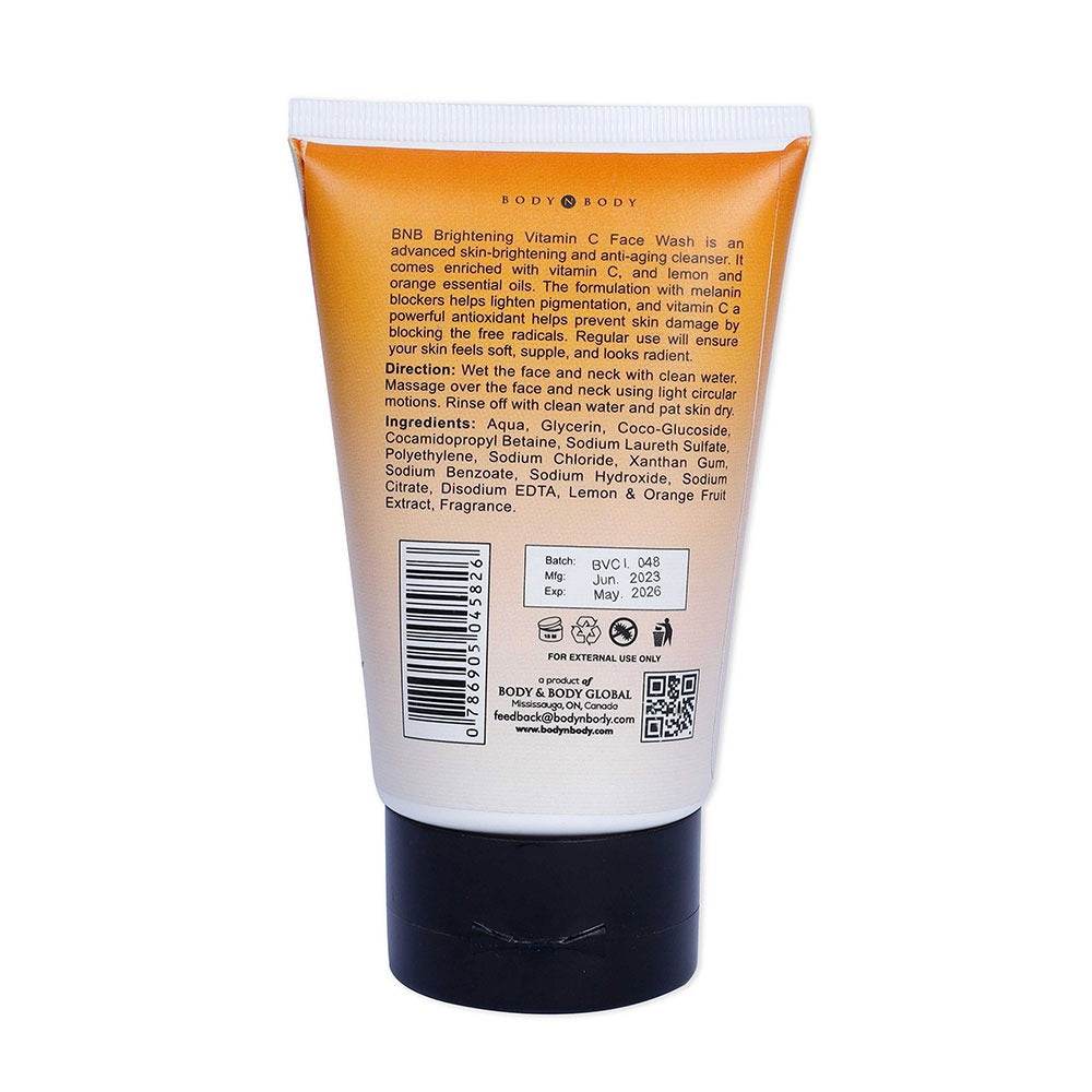 BNB Vitamin C face wash tube back label, cream with orange top