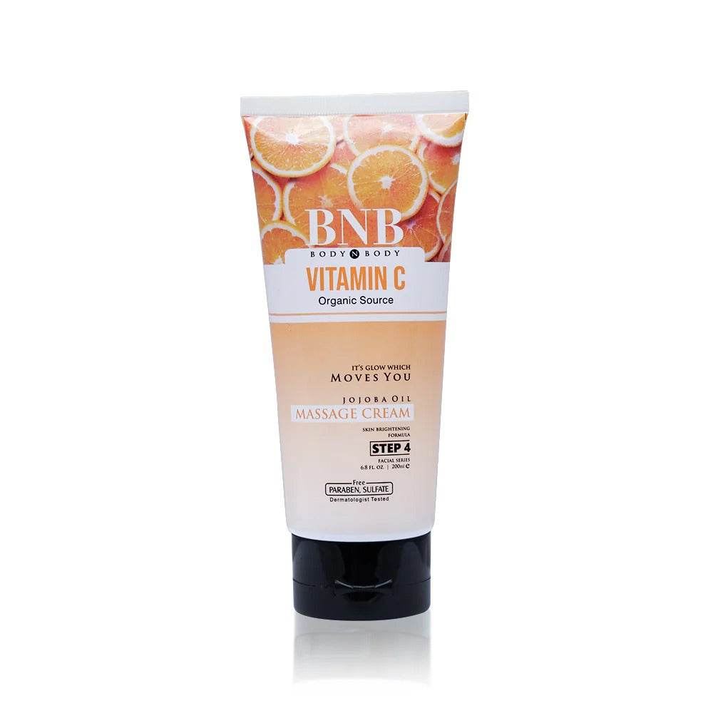 BNB Vitamin C Massage Cream tube, front view with citrus graphic and black cap