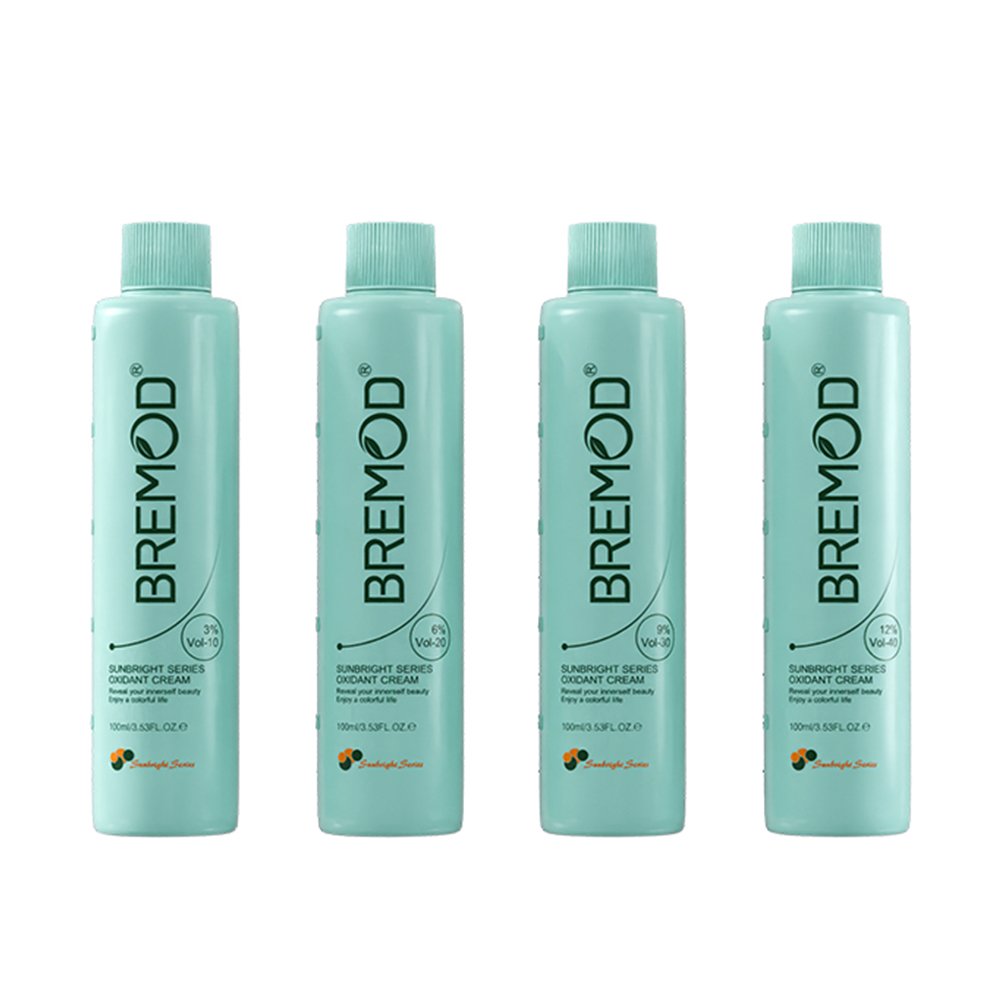 Set of 4 Bremod developer bottles, 30 volume, 100 ml, light blue with screw caps