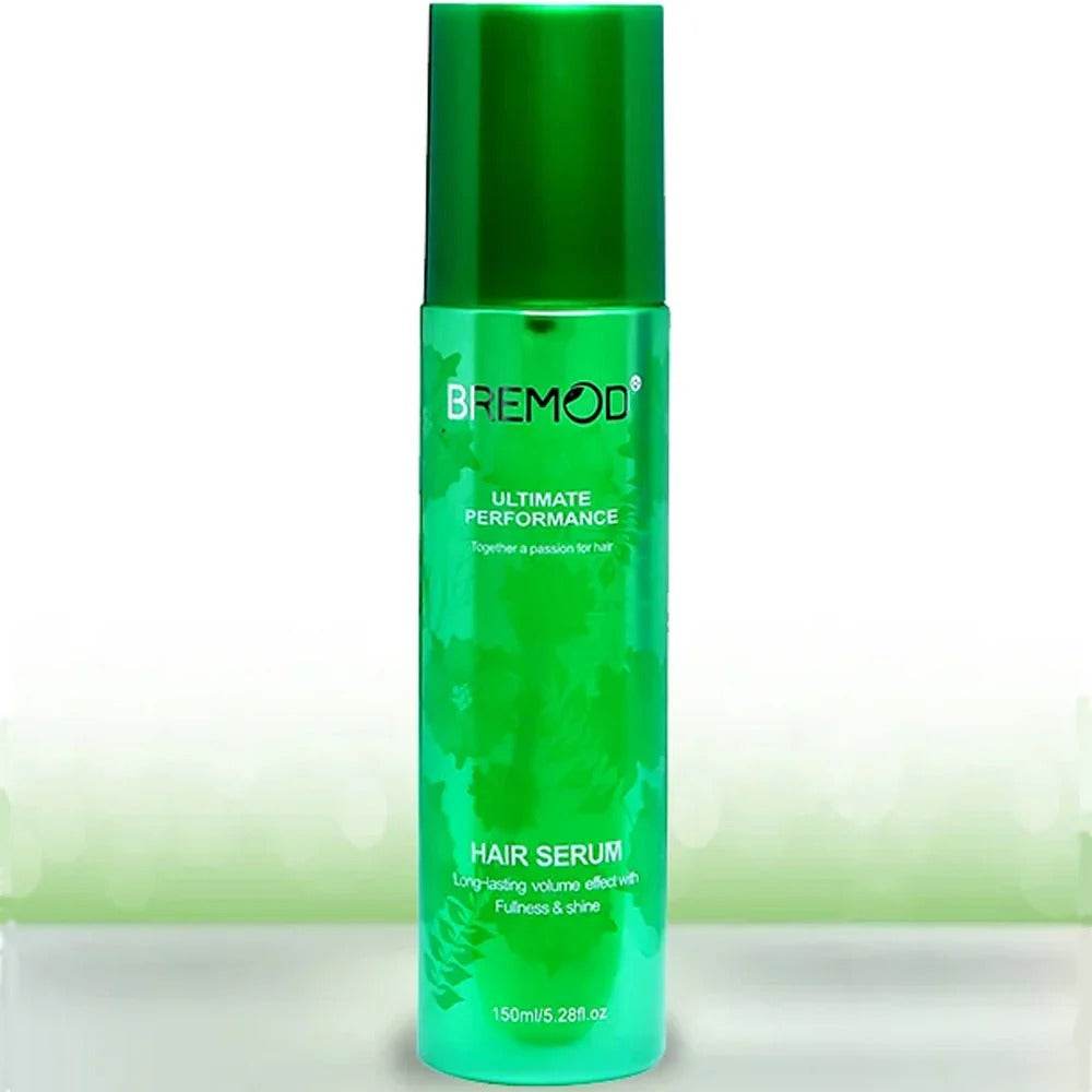 Green hair serum bottle with BREMOD label and silver cap, 150ml size