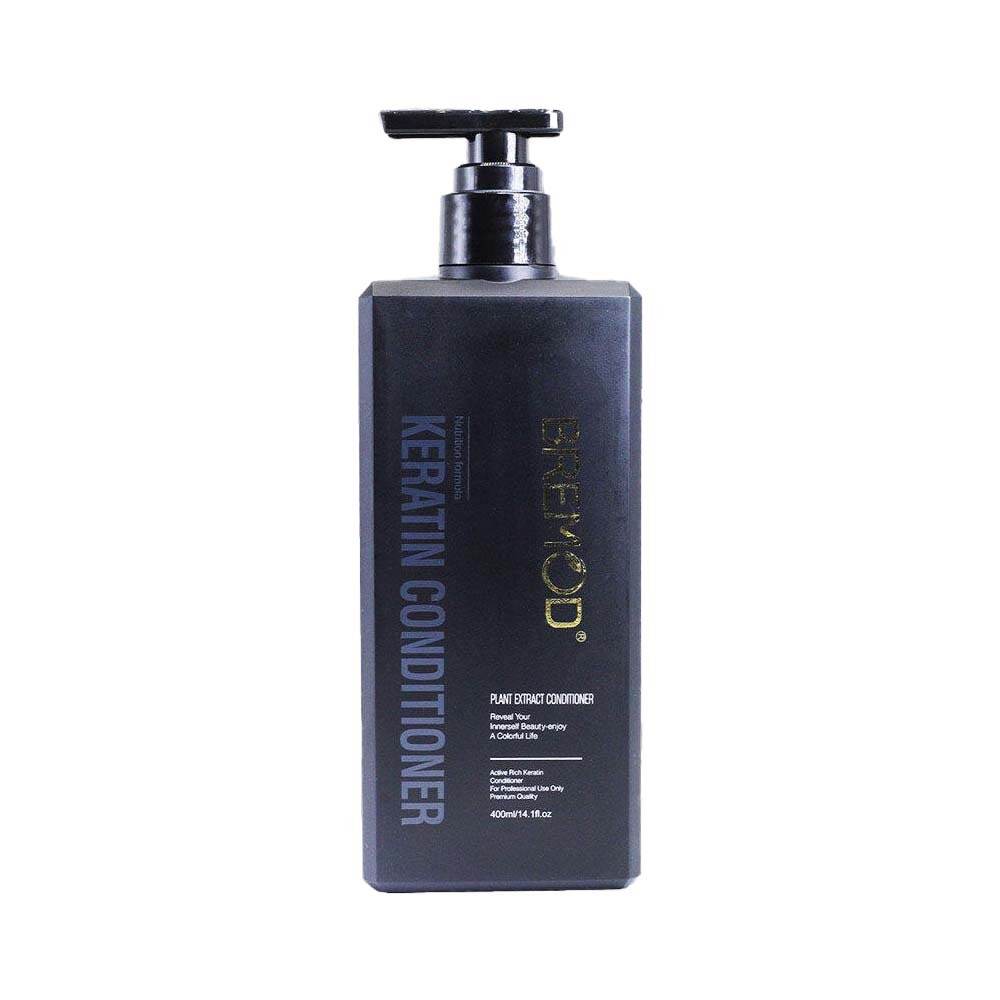Keratin conditioner bottle showing side label with black pump