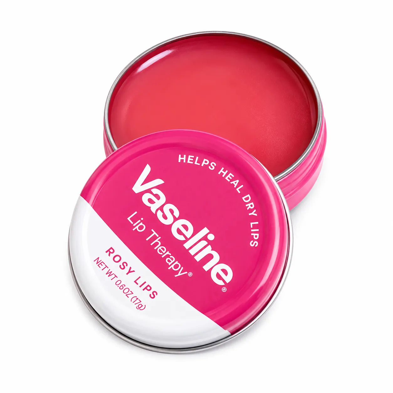 Vaseline rosy lips lip balm tin, open with red-pink balm inside
