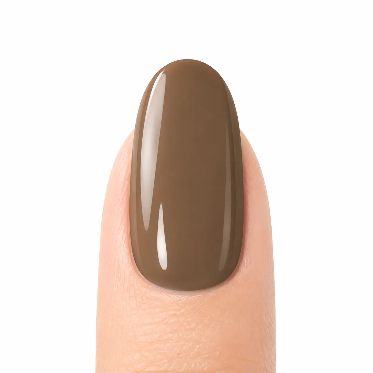 Nail polish with deep taupe-brown glossy finish on fingernail