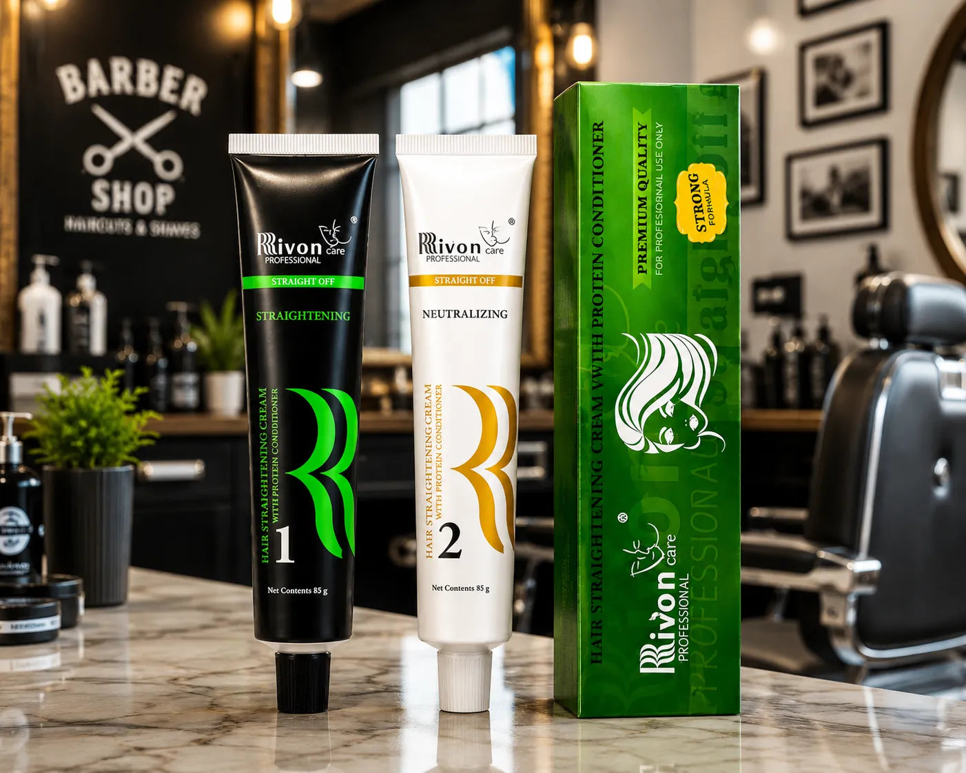 Hair straightening cream set featuring black tube 1, white tube 2, green box