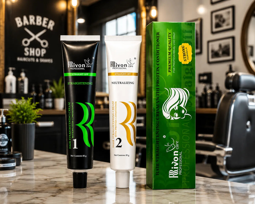 Hair straightening cream set featuring black tube 1, white tube 2, green box