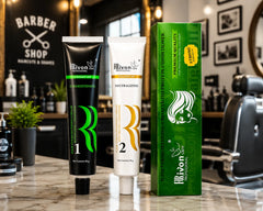 Hair straightening cream set featuring black tube 1, white tube 2, green box