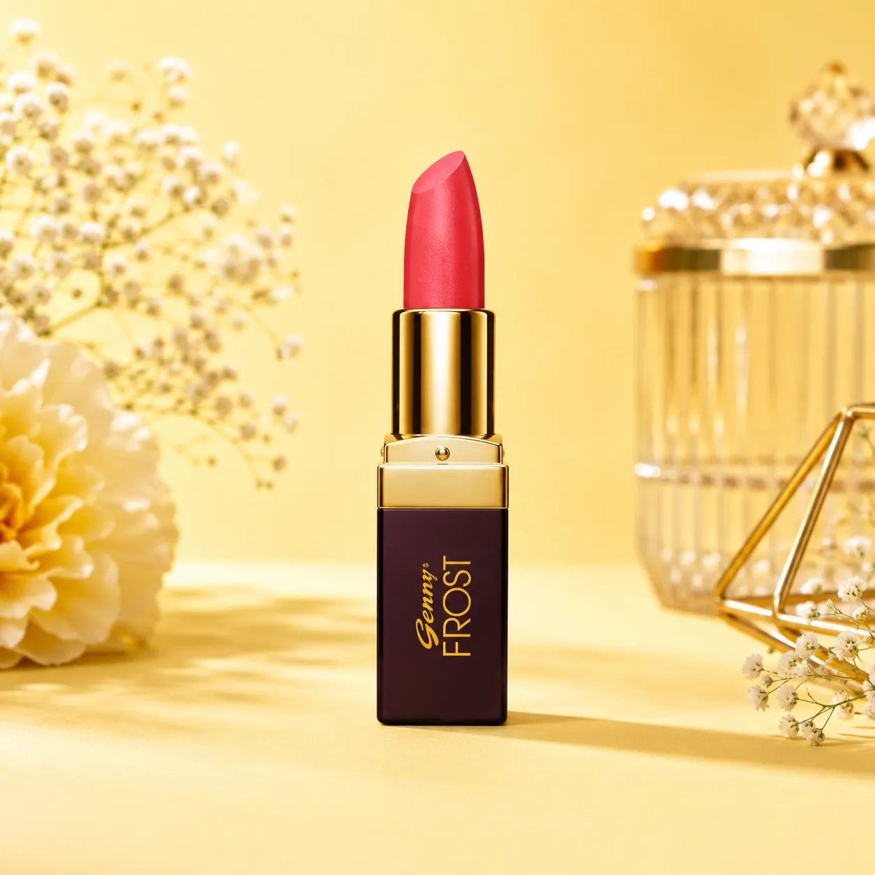Lipstick with gold cap, maroon label, and coral-pink bullet