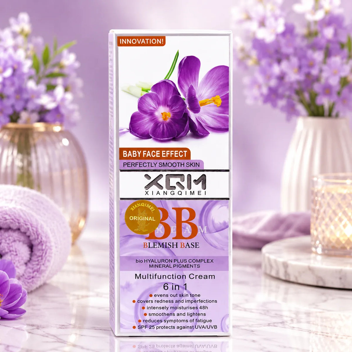 XQM lavender BB cream 6-in-1 blemish base in box with purple flower