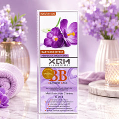 XQM lavender BB cream 6-in-1 blemish base in box with purple flower