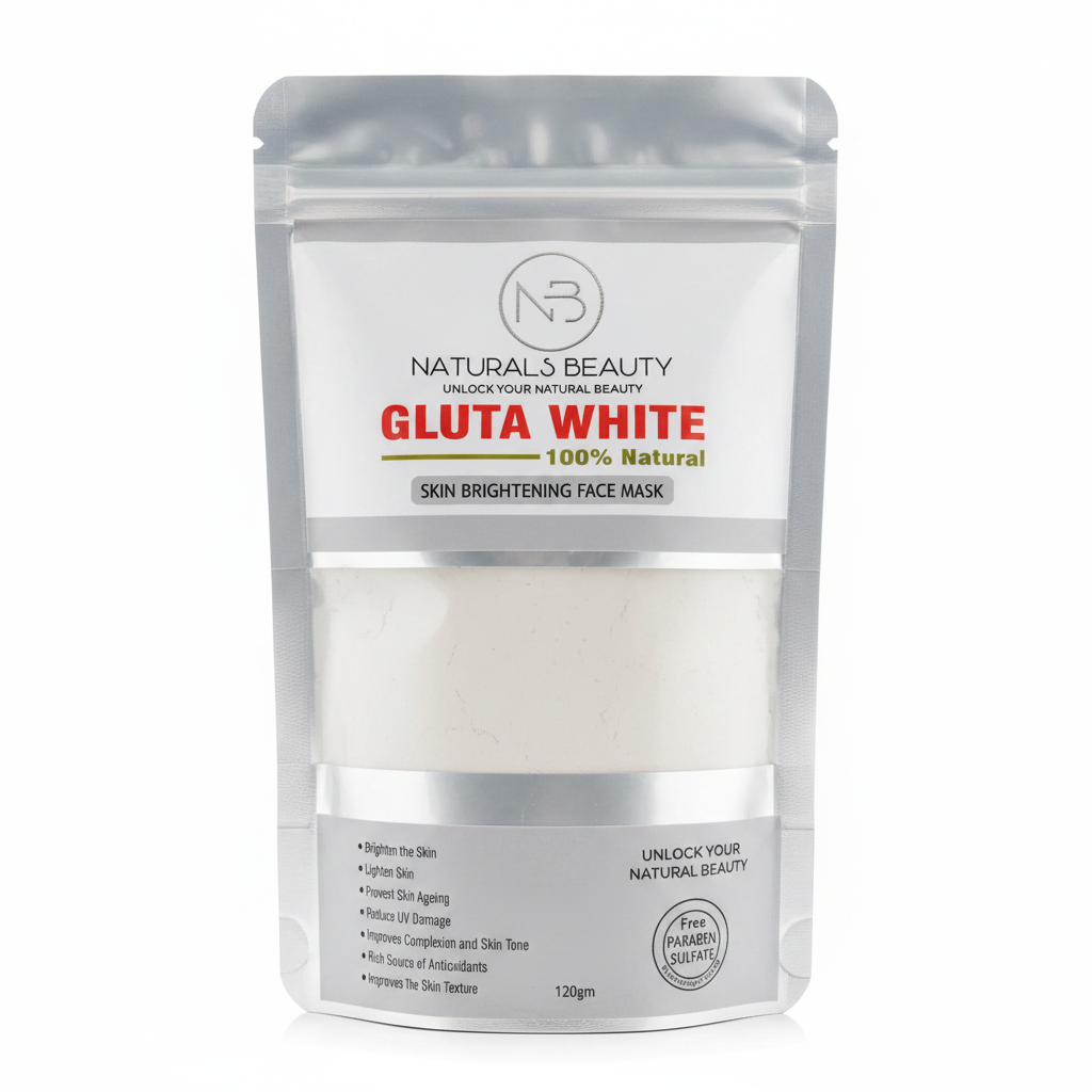 Stand-up white face mask pouch with Gluta White label, 120g net weight