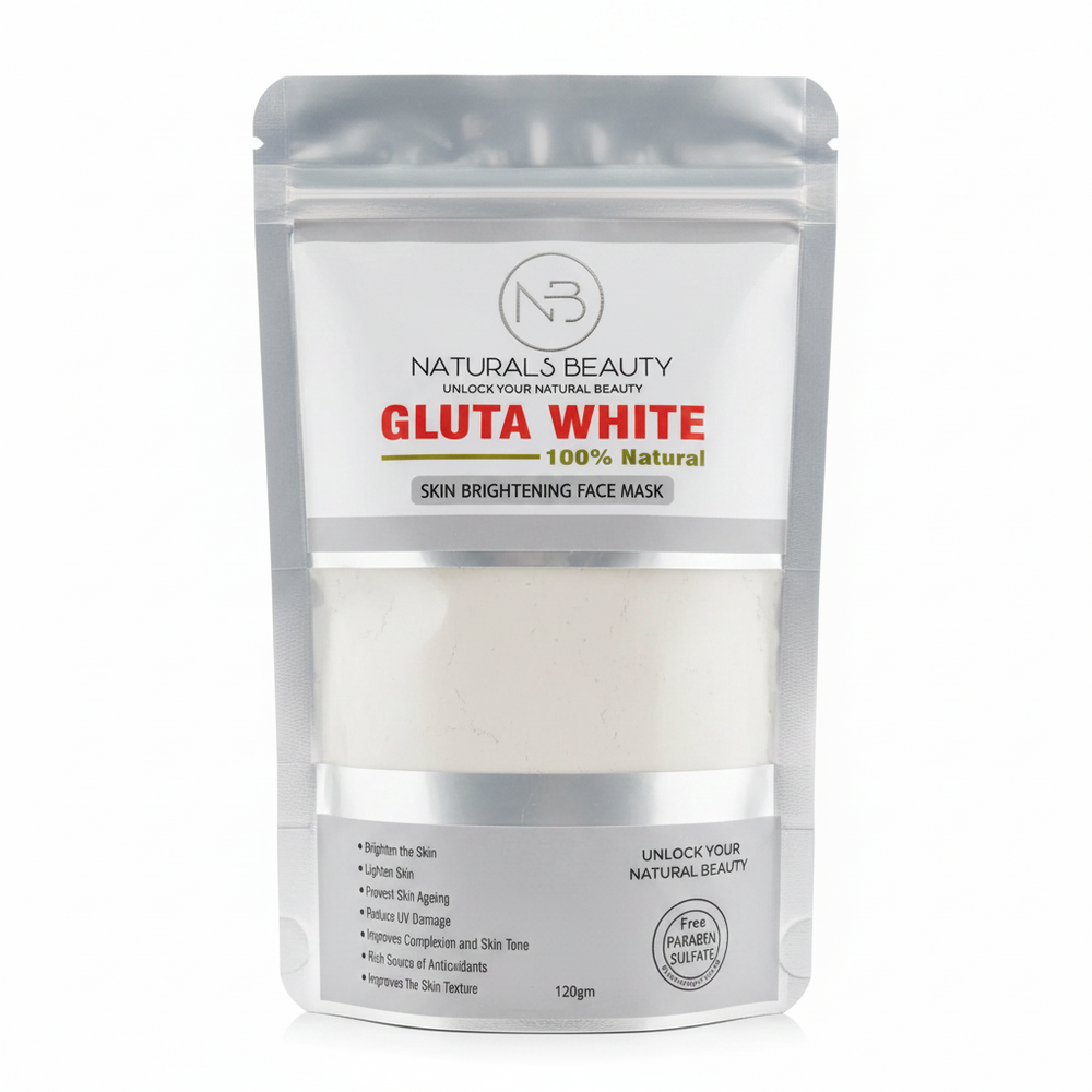 Stand-up white face mask pouch with Gluta White label, 120g net weight