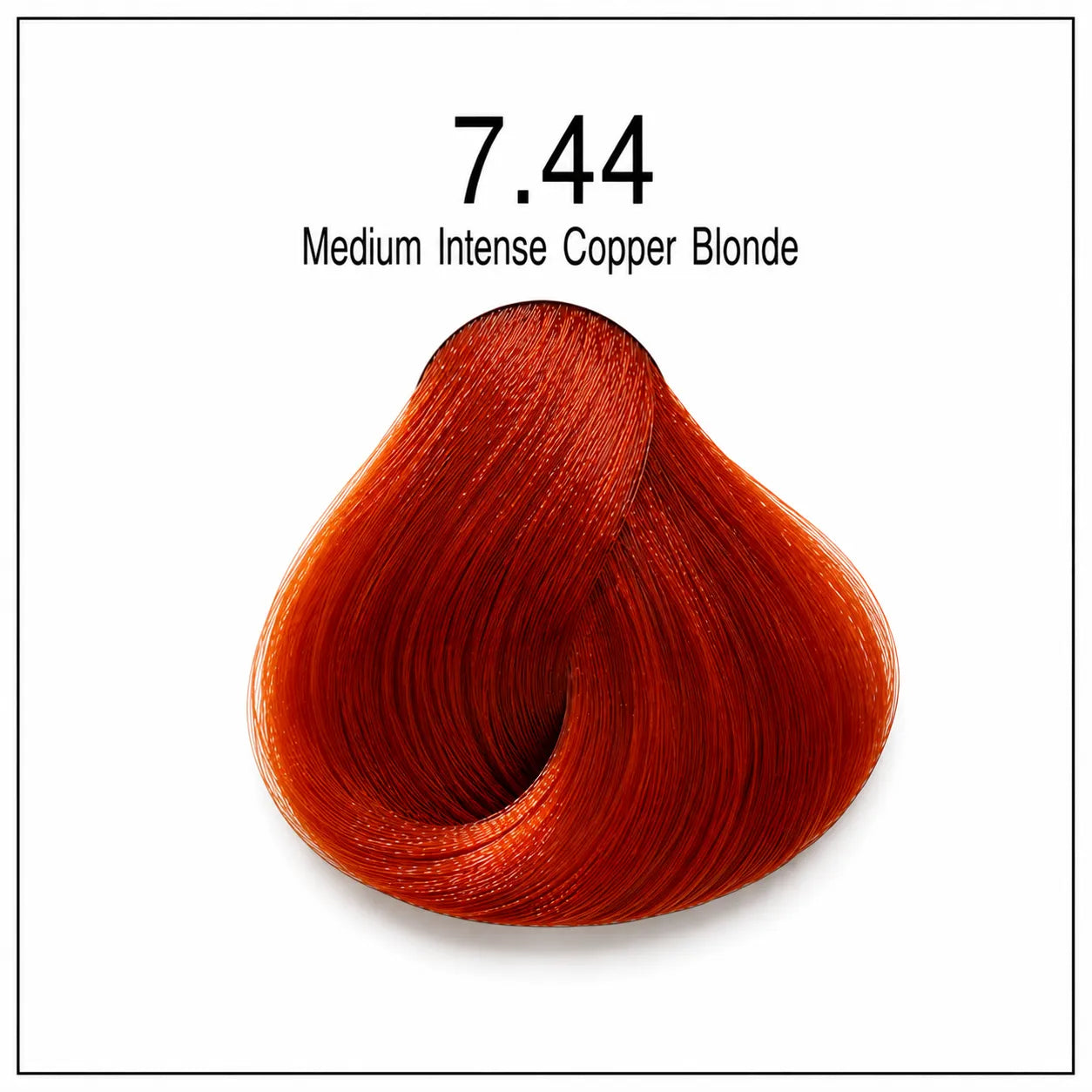 Hair color dye shade swatch 7.44 Medium Intense Copper Blonde, vivid copper-orange tone