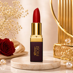 Genny Frost lipstick Shade 384, matte red bullet with gold case and cap